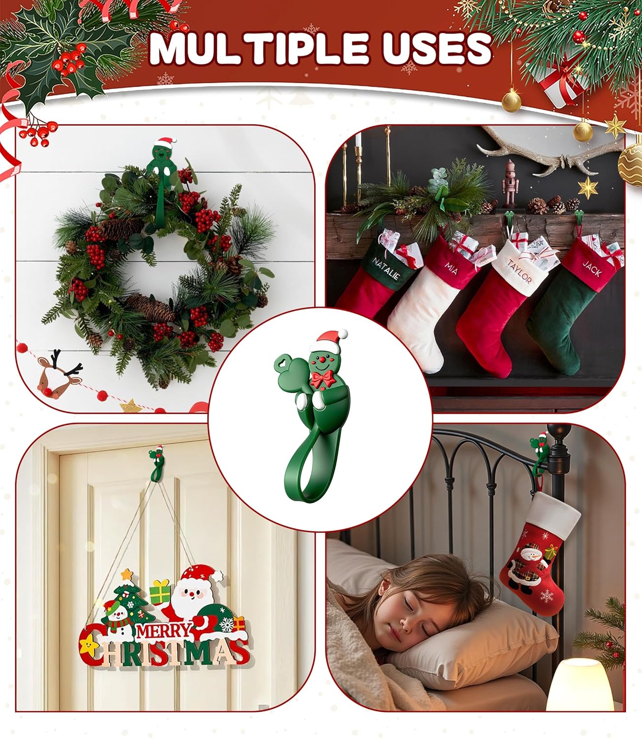 Skiennix 6-Pack Christmas Garland Hangers - Reusable Silicone Stocking Holders for Fireplace & Wreath (Green)