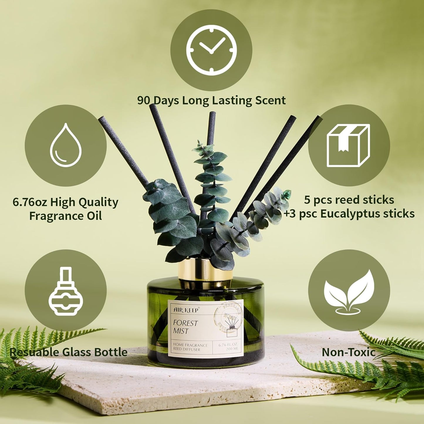 Airkeep Reed Diffuser Set - Forest Mist Scent with 6.76 Fl Oz Essential Oils | 3 Leaves & 8 Sticks for Home Decor