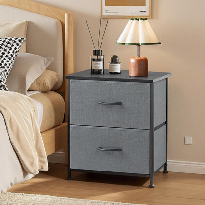 Regine Switzerland Nightstand - Small 2-Drawer Dresser with Wooden Top & Fabric Bins | Gray, 11.8” D x 18” W x 20” H