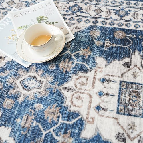 Hallway Washable Runner Rug - Vintage Soft Non-Slip Entryway Carpet | 2'6'' x 14', Blue