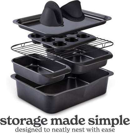 Country Kitchen Nonstick Bakeware Set - Deluxe Heavy Duty & Easy Release, 8 Pcs, Black