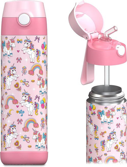 Jarlson® Kids Water Bottle CHARLI | 18oz Stainless Steel Insulated Thermo Bottle with Straw - Spill Proof for School & Sports (Unicorn)