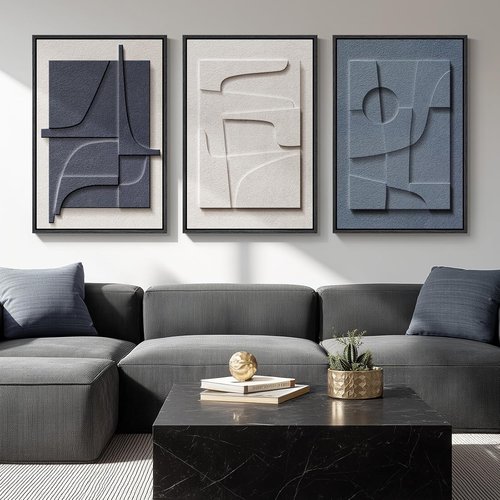 Framed 3D Textured Blue and White Abstract Wall Art by [Brand Name] - Modern 3 Piece Set for Living Room, Bedroom, Office | 20x30 In