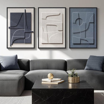 Framed 3D Textured Blue and White Abstract Wall Art by [Brand Name] - Modern 3 Piece Set for Living Room, Bedroom, Office | 20x30 In