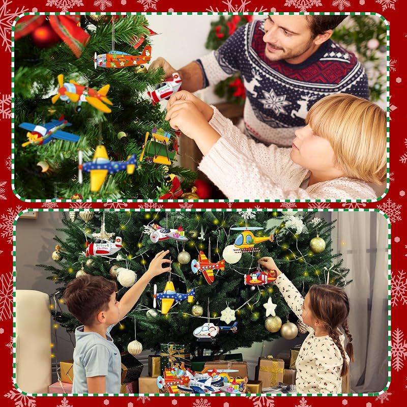 Airplane Christmas Ornaments 36 Pcs Wooden Flight Themed Set - 18 Styles, 3.94in
