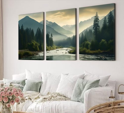 Framed 3Pcs Nature Landscape Wall Art Misty Forest Prints Mountain Pictures Dark Green Plant Posters Botanical River Canvas Painting Home Wall Decor for Living Room Bedroom Bathroom 16x24in