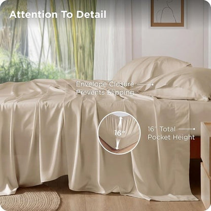 Bedsure Queen Sheet Set - Cooling Bamboo Rayon Sheets | Deep Pocket, Breathable & Soft, Beige