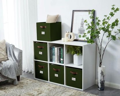 DECOMOMO Storage Baskets - 13x15x13 Cube Bins with Labels for Organized Shelves | Olive Green (4-Pack)