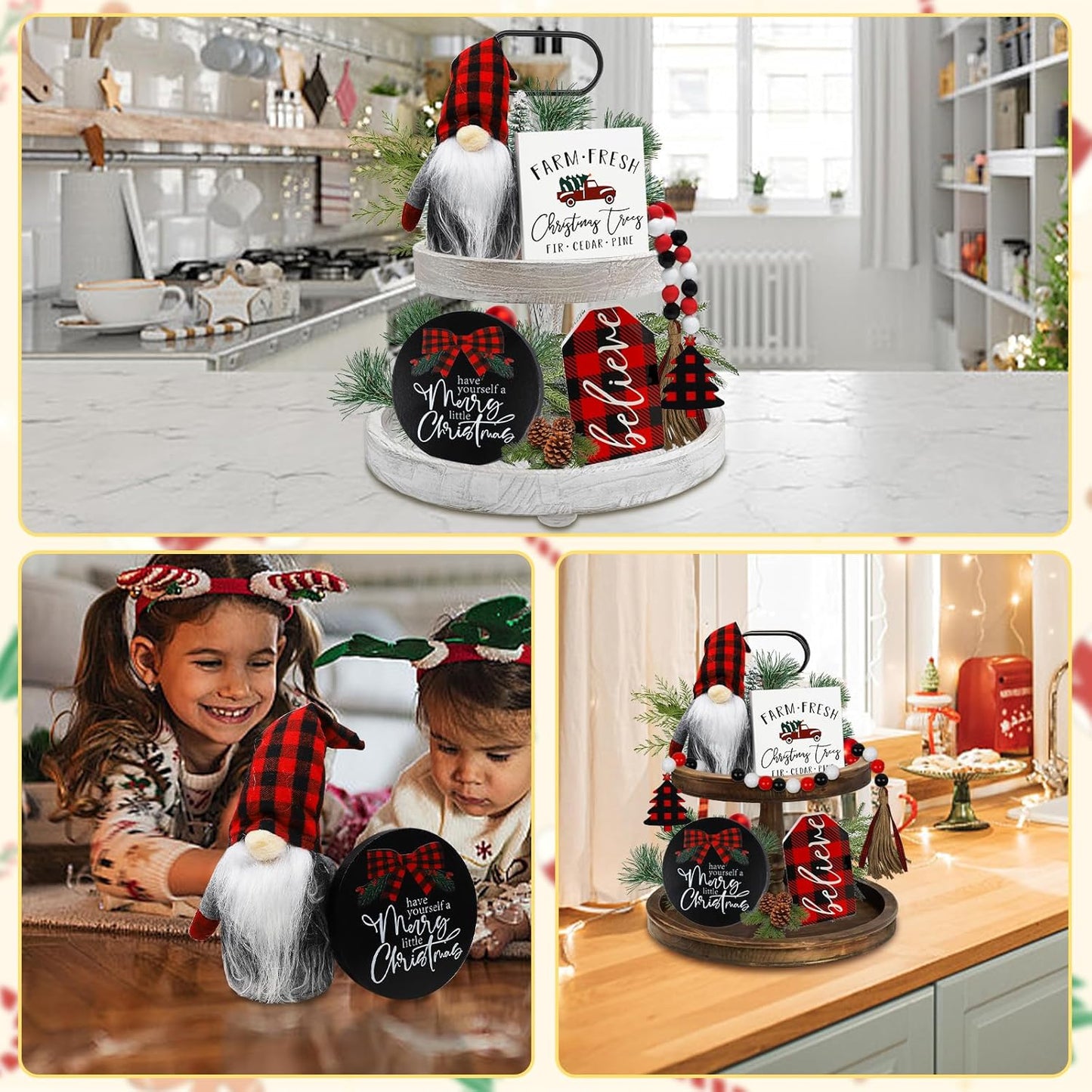 Skiennix Christmas Decorations - Wooden Gnome Signs & Plush Bead Garland Set for Winter Home Decor