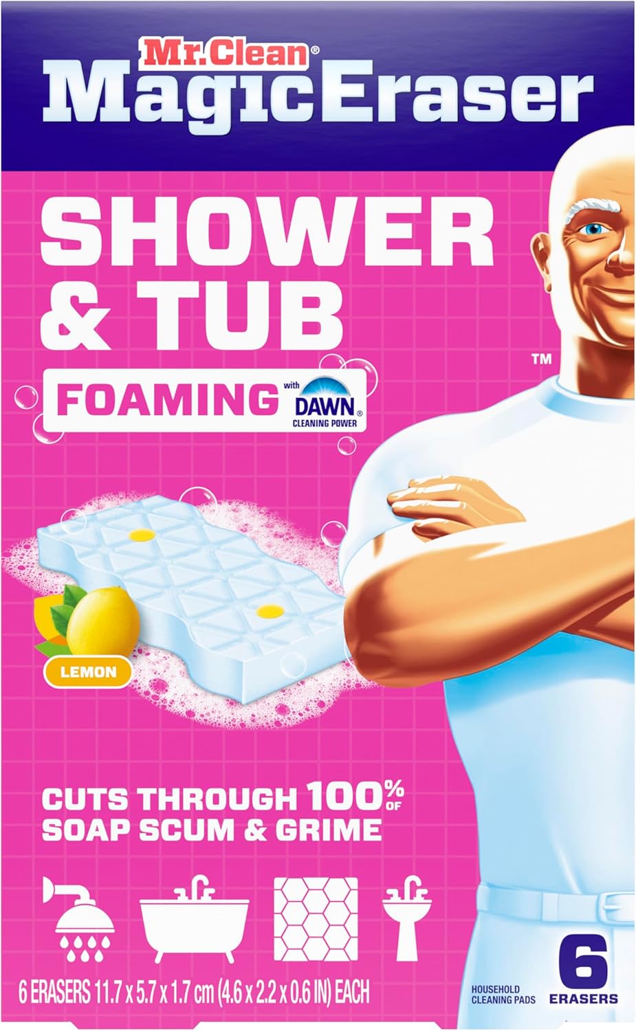 Mr. Clean Magic Eraser Sponge - Powerful Soap Scum Remover for Bathroom & Shower | 6 Count with Lemon Scent