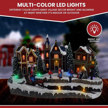 Large Animated Christmas Village Skating Town - Lighted Musical Snow Scene with 4 Moving Skaters