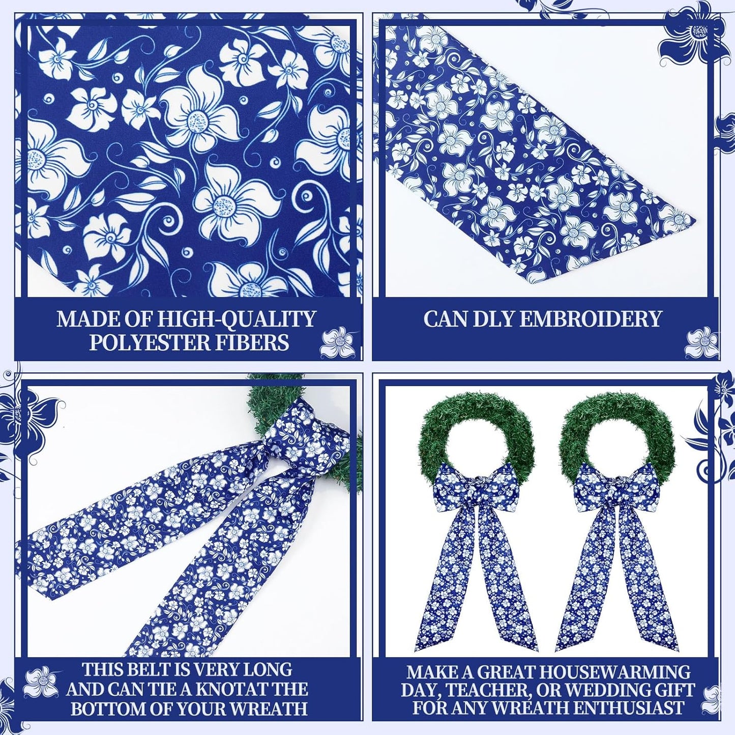 Skiennix Wreath Sash - Reversible Chinoiserie Decor for Monogram Garland | 2 Pcs Blue Style