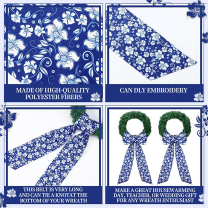 Skiennix Wreath Sash - Reversible Chinoiserie Decor for Monogram Garland | 2 Pcs Blue Style