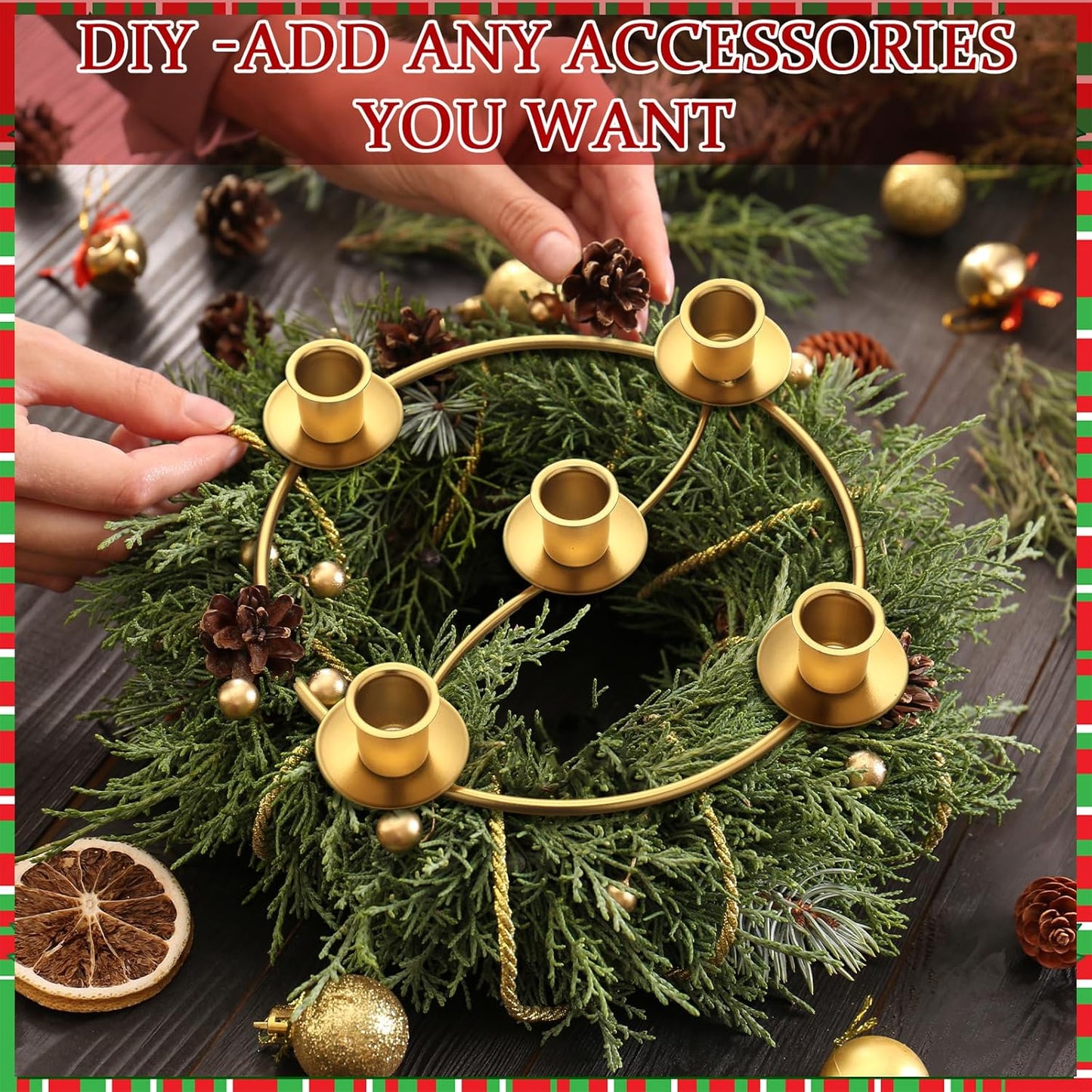 Sliner Christmas Advent Wreath Ring - 5 Candle Holder in Gold | Metal Table Decoration for Festive Centerpiece