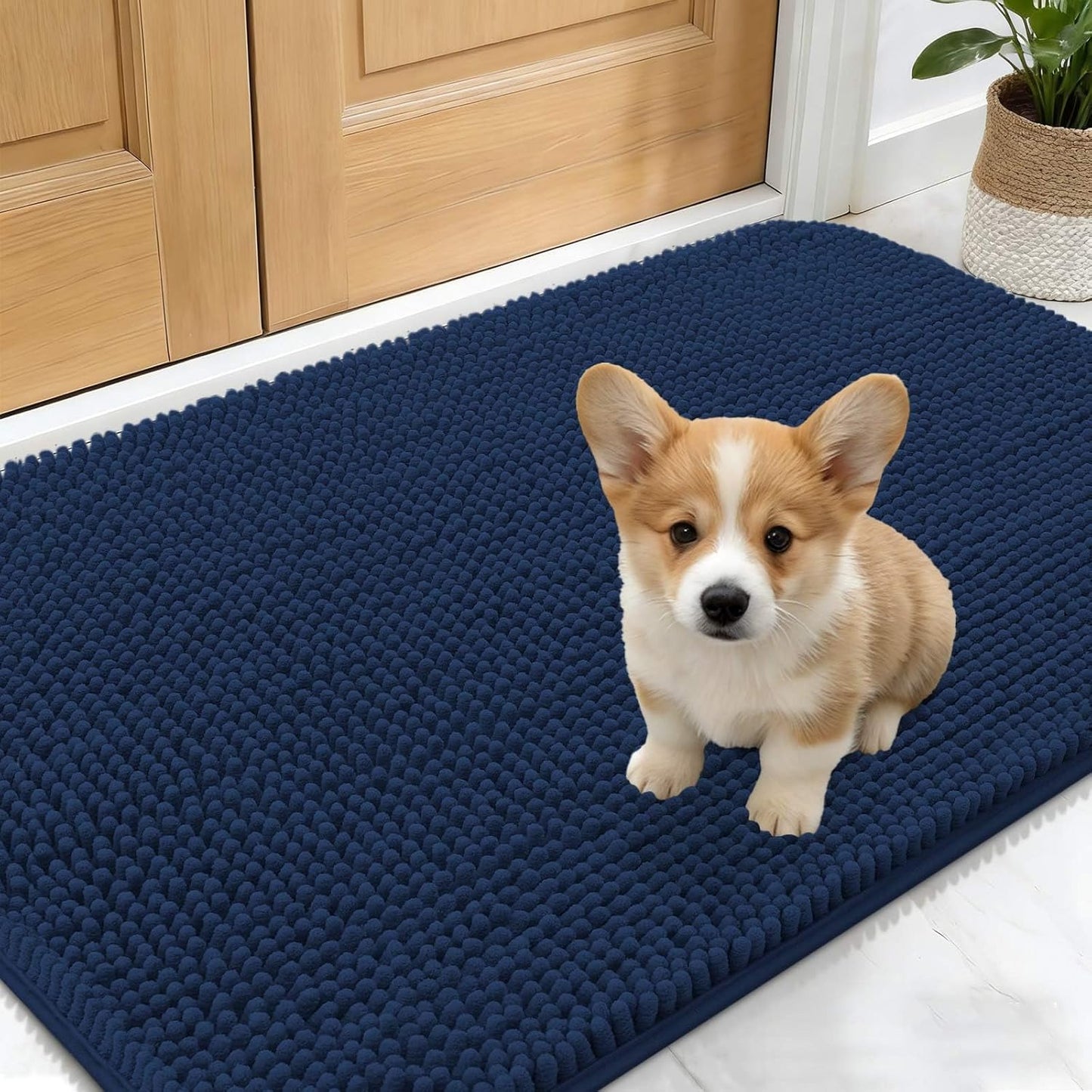OLANLY Dog Door Mat - Absorbent Non-Slip Chenille Mat for Muddy Paws | 24x16 Dark Blue Quick Dry Doormat
