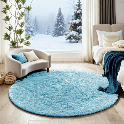 Ophanie Round Rug - Fluffy Light Blue Circle Area Rug | 4Ft Plush Shag Carpet for Kids' Rooms