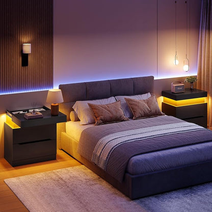 Nightstand Set of 2 with 2 Drawers and App-Controlled RGB LED Light – Black