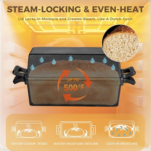 HONGBAKE Cast Iron Bread Pan - 2 in 1 with Lid & Lever | Pre-Seasoned Nonstick 9x5 Sourdough Loaf Pan