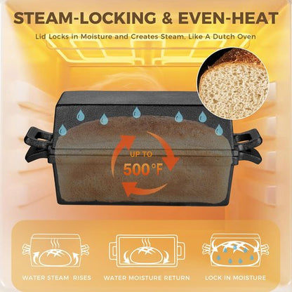 HONGBAKE Cast Iron Bread Pan - 2 in 1 with Lid & Lever | Pre-Seasoned Nonstick 9x5 Sourdough Loaf Pan