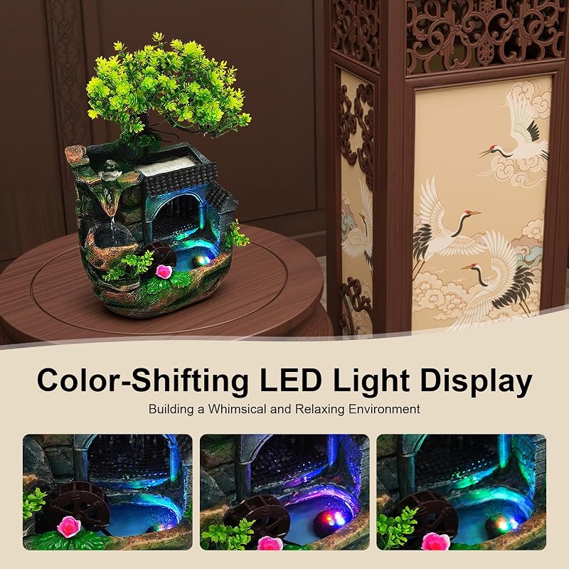 Tabletop Fountain Rockery with Color LED Light, 11in Resin Desk Waterfall