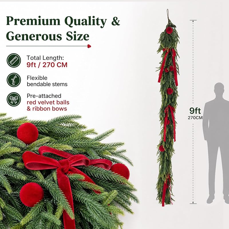 9ft Christmas Cedar Garland with Ornaments for Mantel & Fireplace — Realistic Artificial Norfolk Pine Cedar Garlands