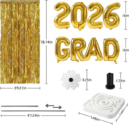2026 Graduation Balloon Columns Kit - Set of 4 Stands with Gold Fringe Curtain for Party Decor
