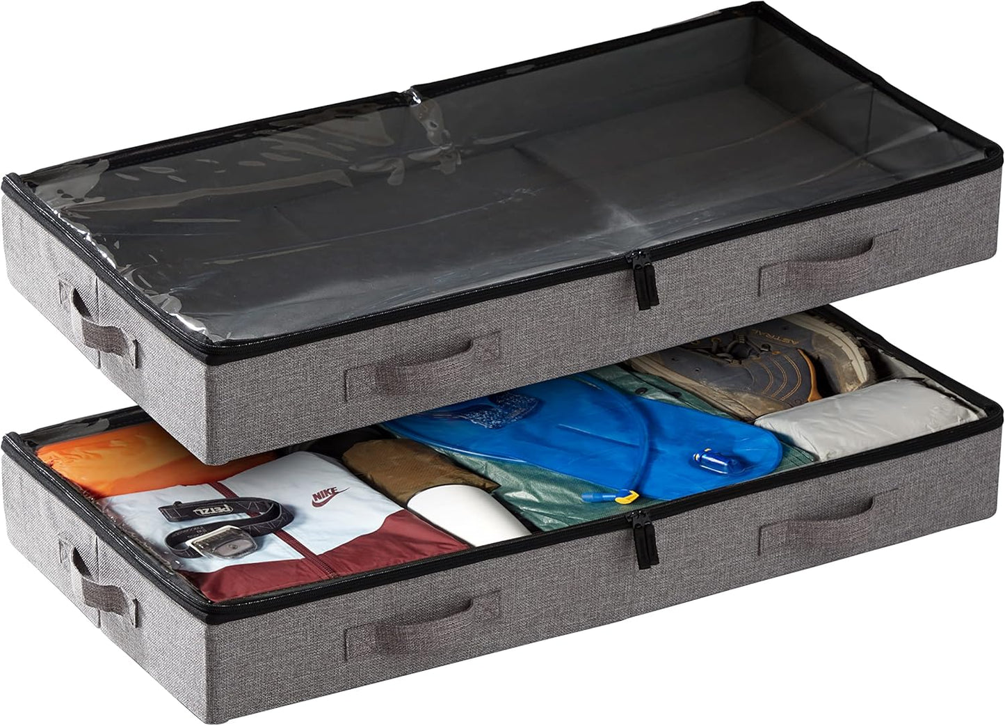 storageLAB Under Bed Storage Containers - Low Profile Organizers with Dual Zippers & Clear Windows | 2 Pack, Gray