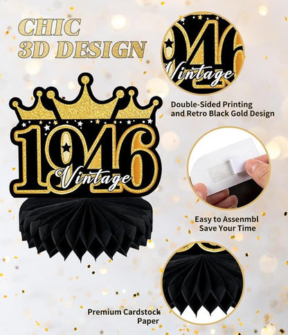 Happy 80th Birthday Decorations | 9 Pcs Honeycomb Centerpieces in Black and Gold - Celebrate 80 Years!