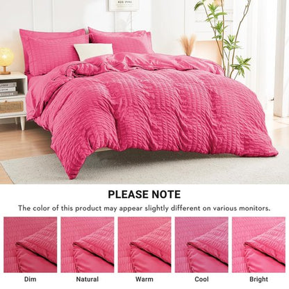 HYMOKEGE Hot Pink California King Comforter Set Seersucker 7 Pieces, All Season Luxury Bed in a Bag for Bedroom, Bedding Set with Comforter, Sheets, Pillowcases & Shams