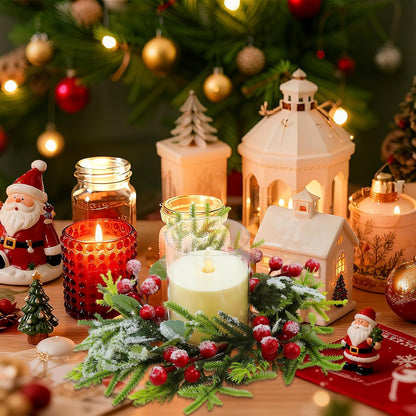 Regine Switzerland Christmas Candle Rings - Mini Wreaths with Red Berries | 2.76-Inch Snowy Pine Garland for Festive Table Centerpieces