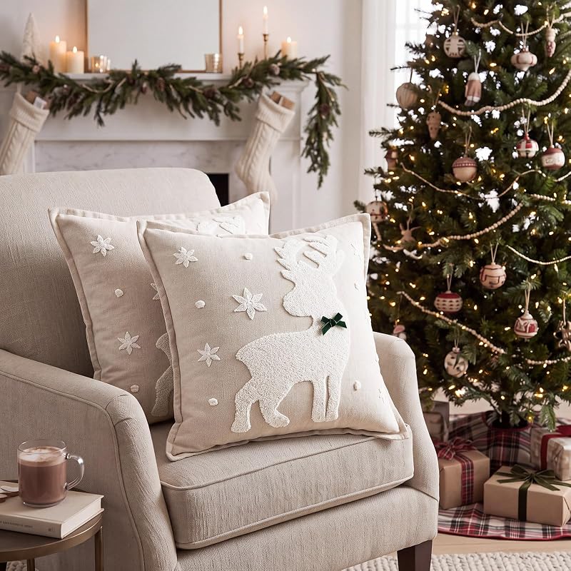 Christmas Reindeer Throw Pillow Covers 18x18 in Plush 3D Embroidery - 2 Pcs