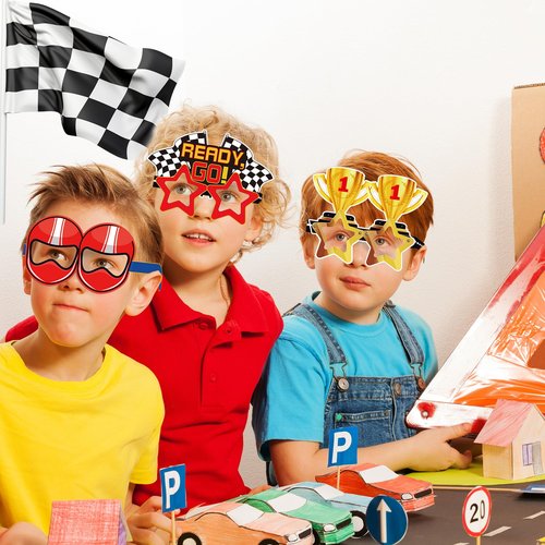 Herdear 32 Pack Race Car Party Favors for Boys - Racing Paper Glasses Frames Checkered Flag Eyeglasses for Kids Birthday Party Supplies, Baby Shower Photo Booth Props, Racing Theme Goody Bag Fillers