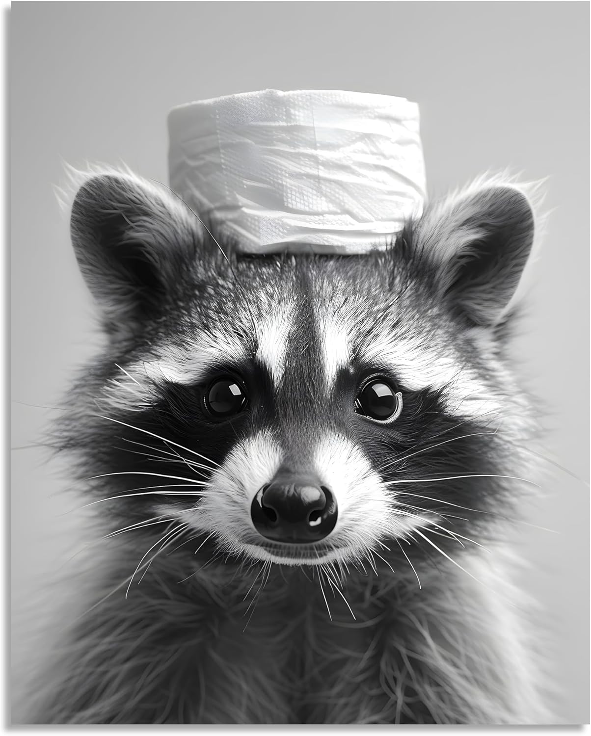Raccoon Bathroom Wall Art - Funny Animal Canvas Print | Black & White Toilet Paper Decor | 8x10 Inch Framed