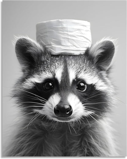 Raccoon Bathroom Wall Art - Funny Animal Canvas Print | Black & White Toilet Paper Decor | 8x10 Inch Framed