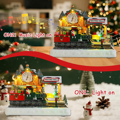 VCUTEKA Animated Christmas Village Train Station - Lighted Musical Santa Decor for Holiday Display