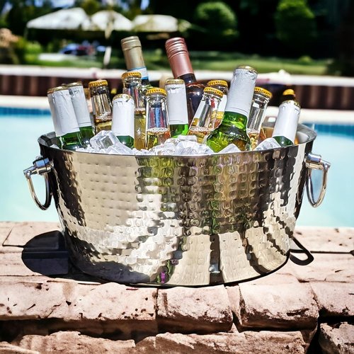 BREKX Stainless Steel Beverage Tub and Ice Bucket with Lid and Scoop Party Combo Pack, Silver Double-Walled Insulated Barware Set