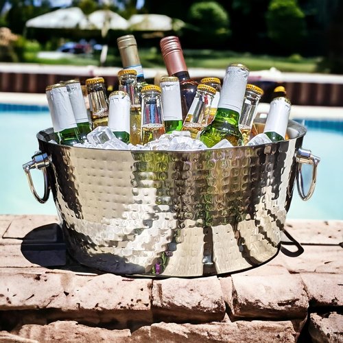 Insulated Stainless Steel Large Ice Bucket with Lid for Parties, Anchored Metal Ice & Beverage , Champagne Bucket for Extended Chill - 12-Quarts