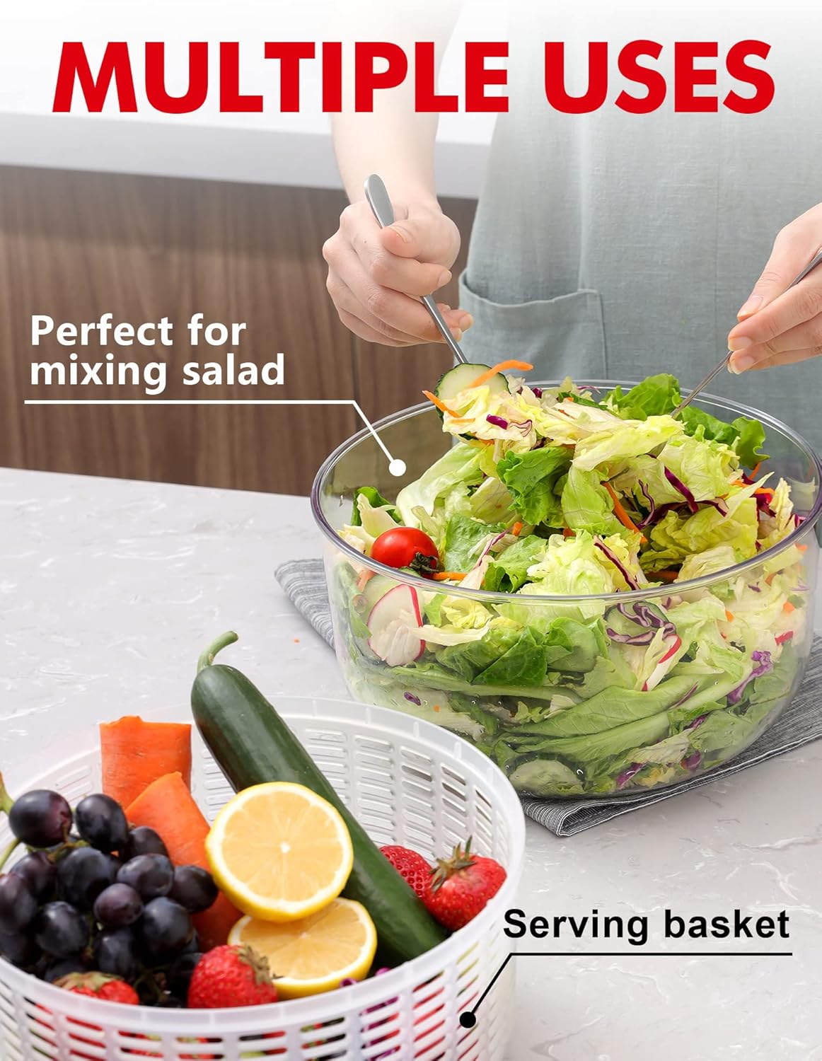 Salad Spinner - Skiennix 5L Capacity Lettuce Spinner | Easy to Clean, BPA-Free, Ideal for Vegetables & Fruits