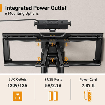Perlegear Full Motion TV Wall Mount - Power Strip Included, Fits 42–90 Inch TVs Up to 150 lbs | Smooth Swivel & Tilt