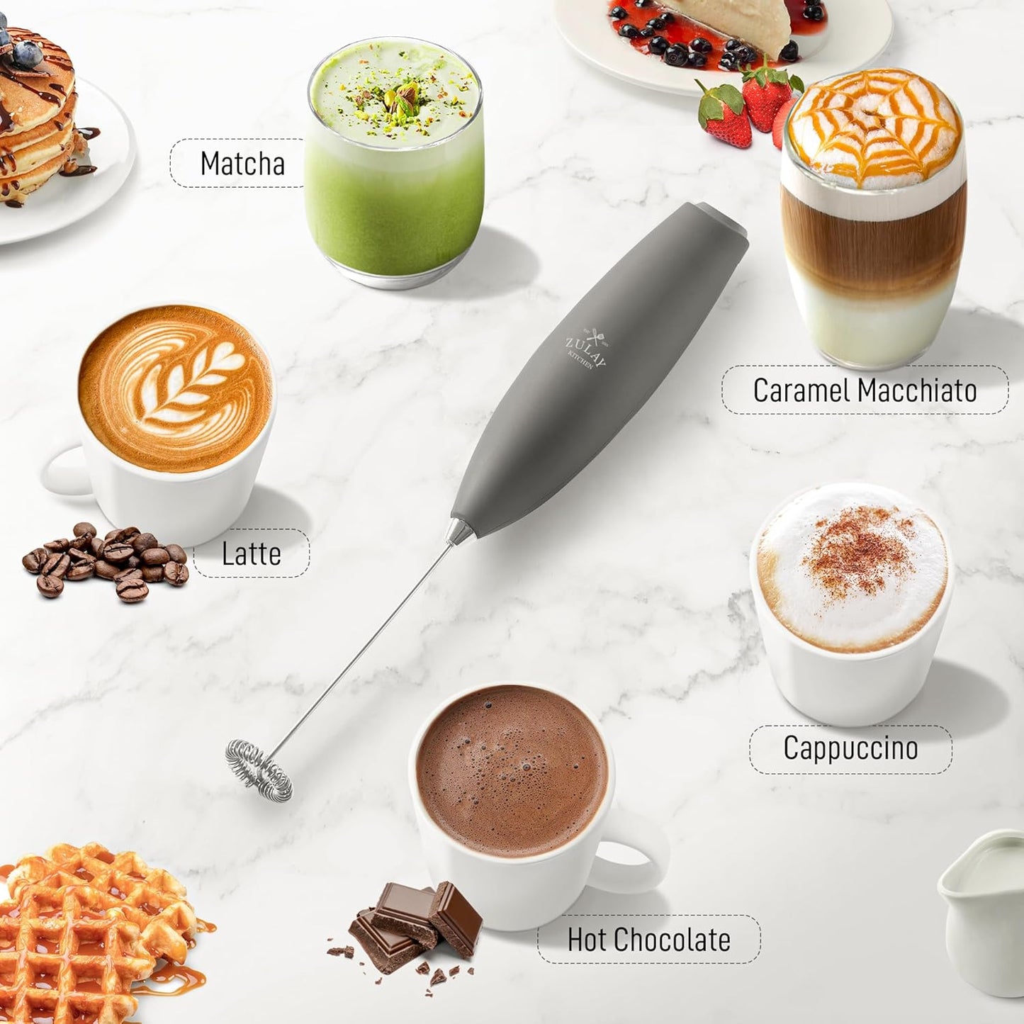 Zulay Kitchen Milk Frother Handheld Electric Whisk with AA Duracell Batteries – Durable Drink Mixer for Coffee, Lattes, Cappuccinos & More - Charcoal