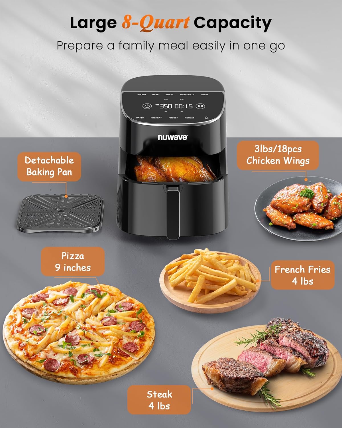 Nuwave Brio Plus Air Fryer - 8 Qt PFAS-Free with 7 Digital Cooking Functions | 150 Presets, 50°F-400°F