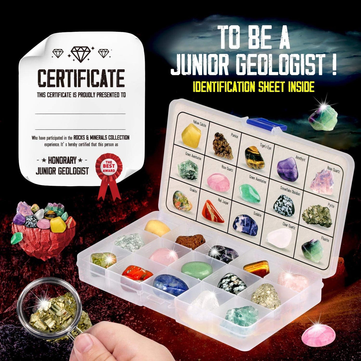 Rocks Collection - 15-Piece Geology Gem Kit for Kids | Educational Rock Set with Identification Sheet & Storage Case