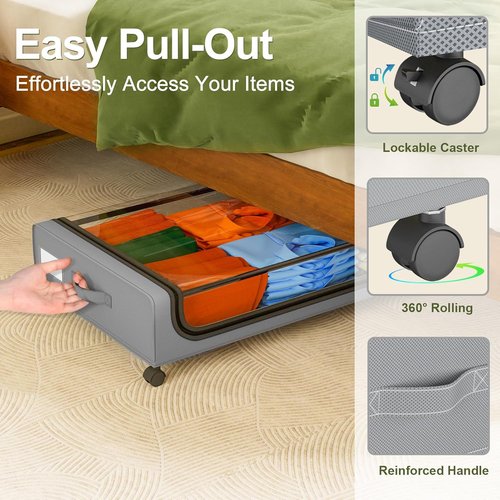GoMaihe Under Bed Storage - 48L Rolling Containers with Lids for Shoes & Clothes | Grey 2-Pack