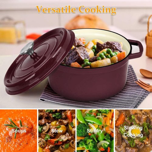 Enameled Cast Iron Dutch Oven, 4 Quart Dutch Oven Pot with Lid, Dutch Oven Suitable for Bread Baking, Oven Safe Dutch Oven Pot with Loop Handles, Non-stick Enamel Coated Cookware, Wine Red