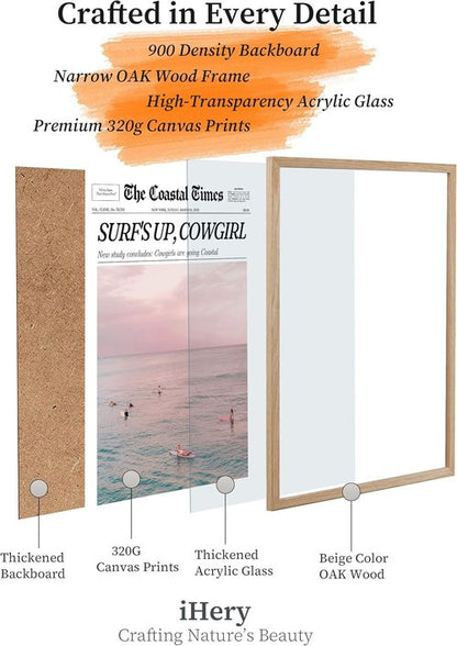 iHery Coastal Cowgirl Wall Art | Trendy Beige Oak Framed Prints | Large 16x20in Canvas Decor