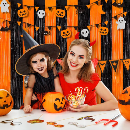 Orange Black Tinsel Foil Fringe Curtains - 2 Pack 3.3x8.3 Feet | Perfect for Birthday, Halloween & Bachelorette Party Decor