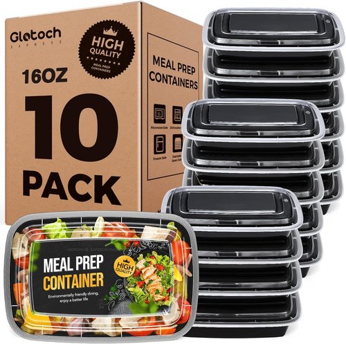 Glotoch 16oz Meal Prep Containers - 10-Pack Reusable, Leakproof & Microwave Safe | Black