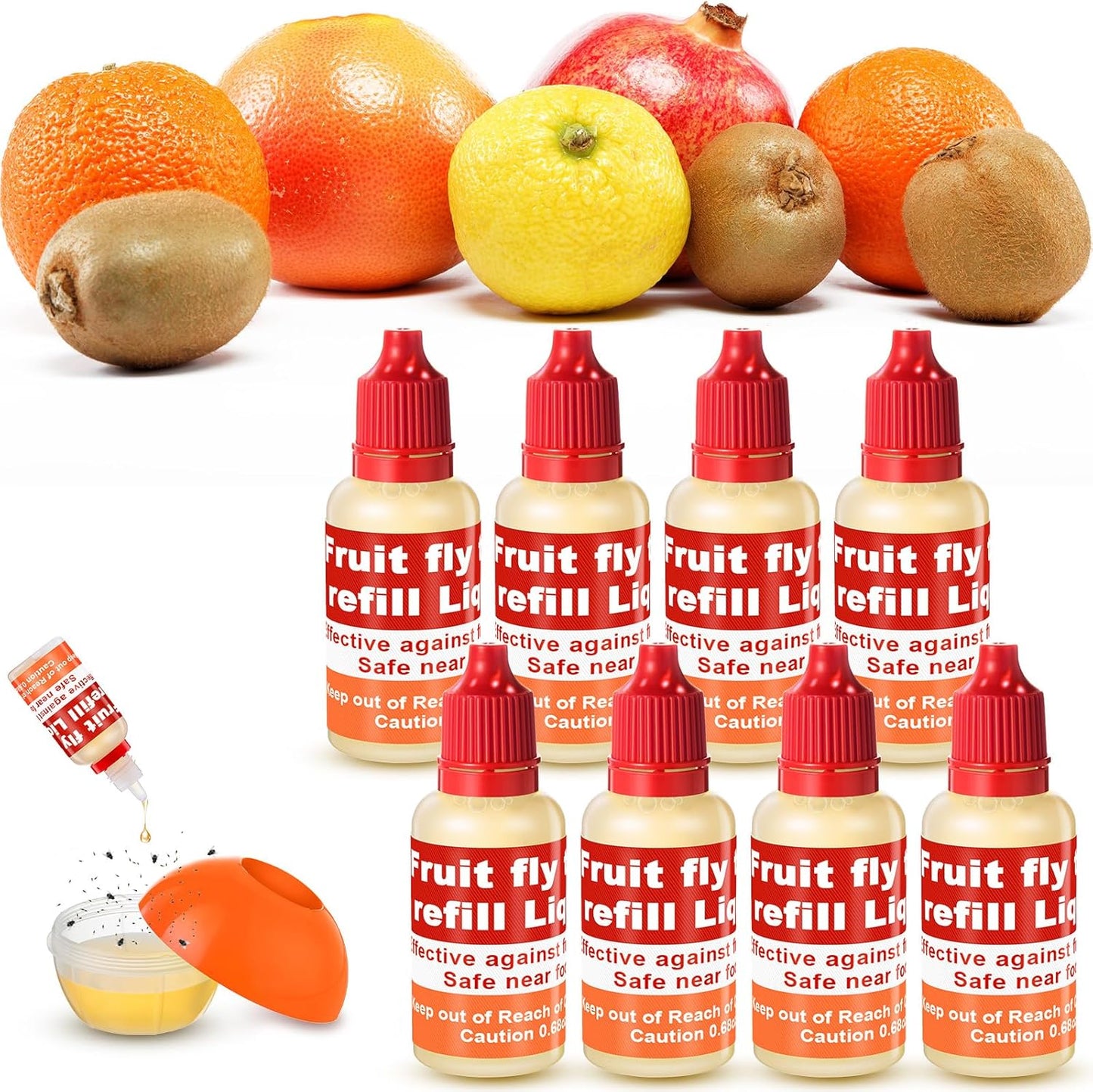 Qualirey Fruit Fly Trap Refill Liquid - 8 Pack, 0.68oz Bottles, Non-Toxic & Safe for Indoor Use