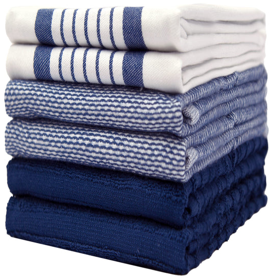 Premium Kitchen Towels 20”x 28”- 6 Pack | Large Cotton Kitchen Towels | Hand Towels for Kitchen | Flat & Terry Towel | Dish Towels | Highly Absorbent Tea Towel with Hanging Loop | Navy Blue Striped