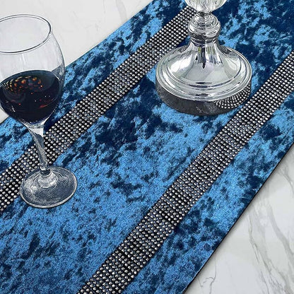 Fancy Blue Table Runner with Silver Sequin Rhinestones, Ombre Velvet 13x84 Inches - Variation Blue+13x84 inches
